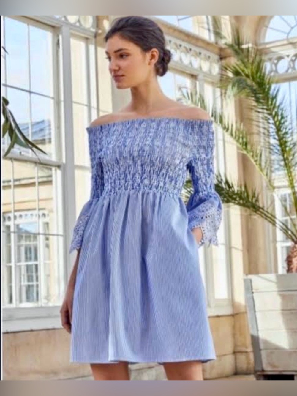 Ted Baker Noaah Off-the-Shoulder Smocked Striped Mini Dress